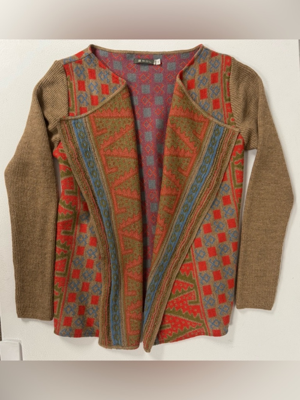 Sol Alpaca Knit Open Sweater Cardigan Geometric Bright Luxury Festival Cozy S